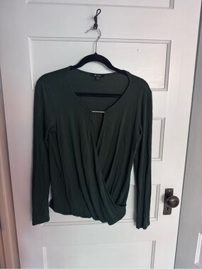 Ella Moss Olive Green Long Sleeve Faux Wrap Top with Gold Bar